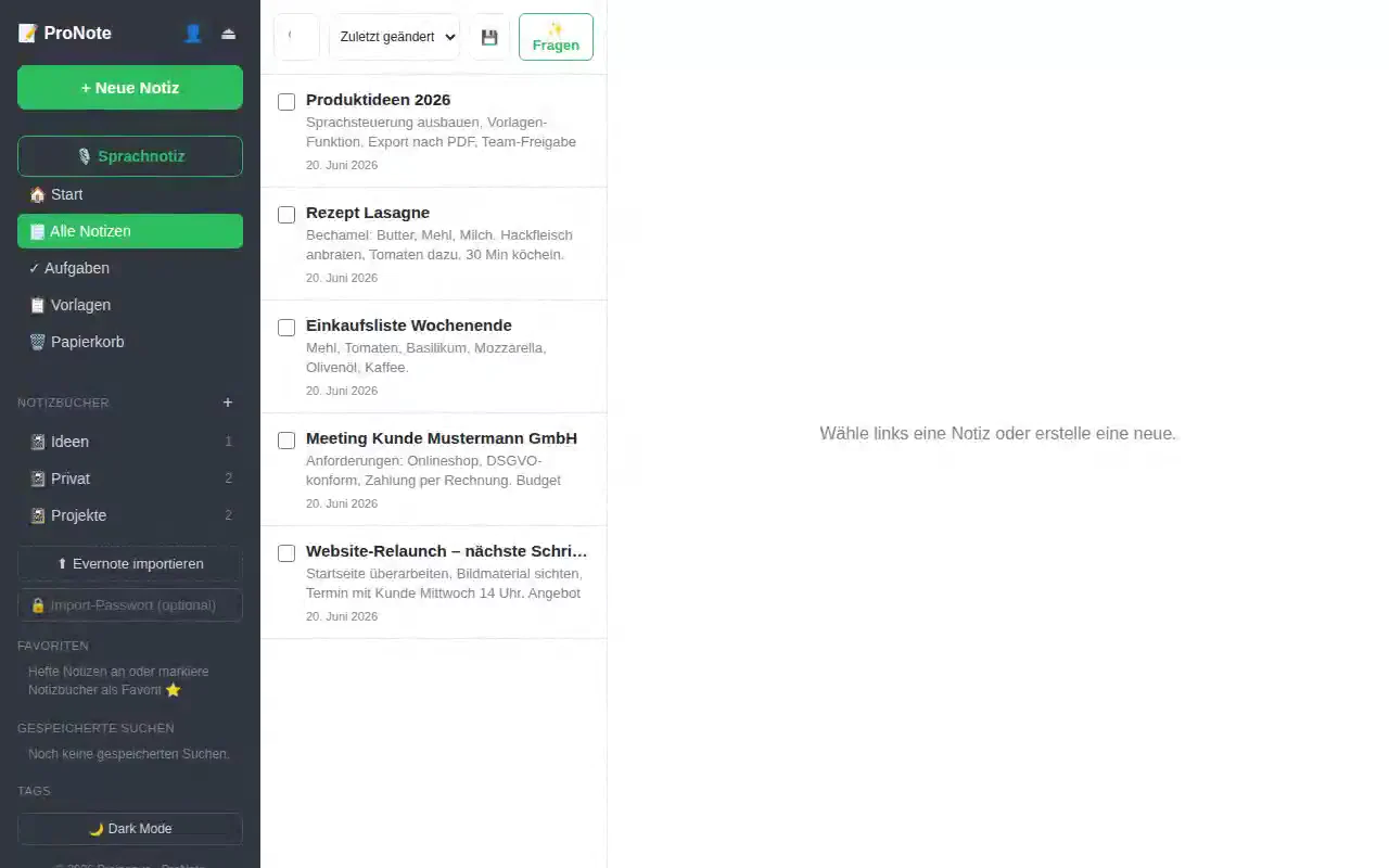 Die ProNote-Oberfläche: links Notizbücher, Aufgaben, Vorlagen und der Knopf Sprachnotiz, in der Mitte eine Liste von Notizen.